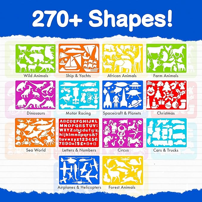 Mimtom Drawing Stencil Kit for Kids, 51 PC Art Set with 240+ Shapes, Sketch Pad, and Colored Pencils for Children's DIY Arts and Crafts, Draw with Animal, Letter and Car Stencils, Blue