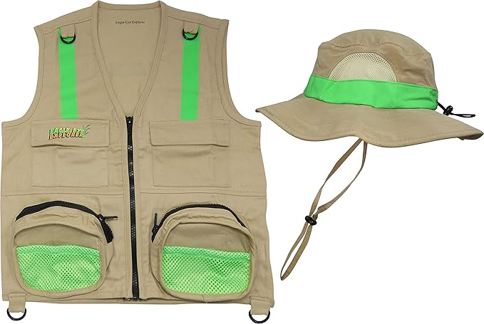 S/M Youth Vest and Hat Combination Set for Boys and Girls: 1 Tan Cargo Vest for Kids with Reflective Safety Straps & 1 Floppy Bucket Sun Hat with Chin Strap. Color: Youth Tan S/M Size 4-7