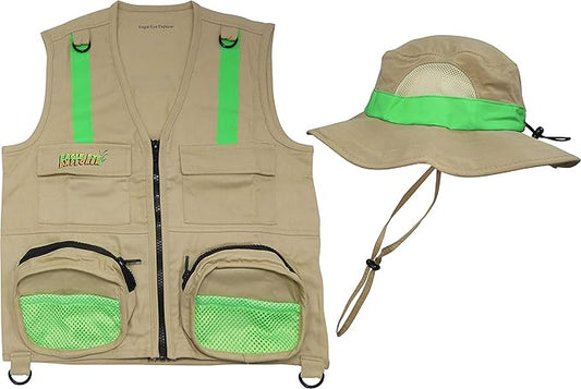 S/M Youth Vest and Hat Combination Set for Boys and Girls: 1 Tan Cargo Vest for Kids with Reflective Safety Straps & 1 Floppy Bucket Sun Hat with Chin Strap. Color: Youth Tan S/M Size 4-7