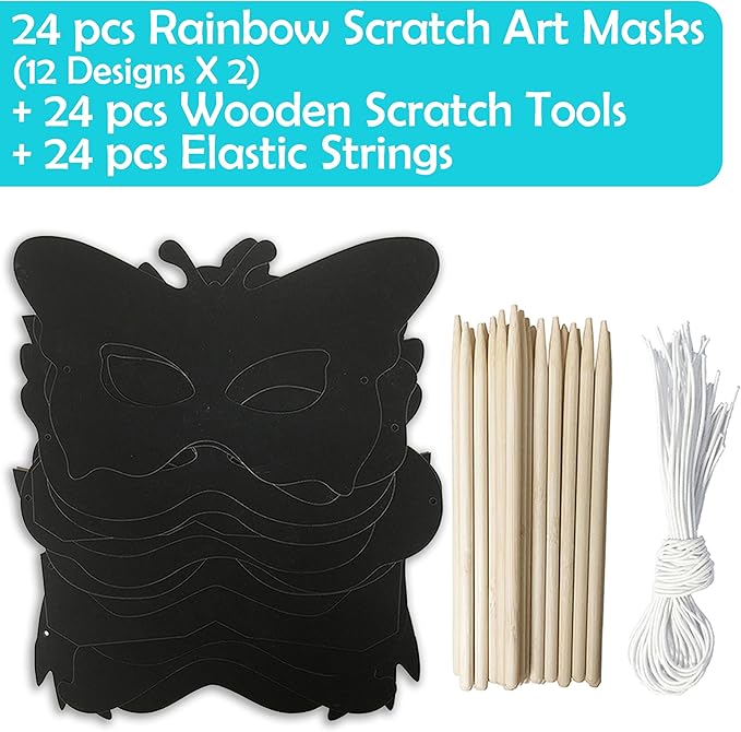 VHALE 24 Sets Rainbow Scratch Paper Art Superhero Masks, Dress Up Halloween Costumes, Creative Classroom Arts and Crafts, Fun Drawings, Travel Toys, Party Favors for Kids