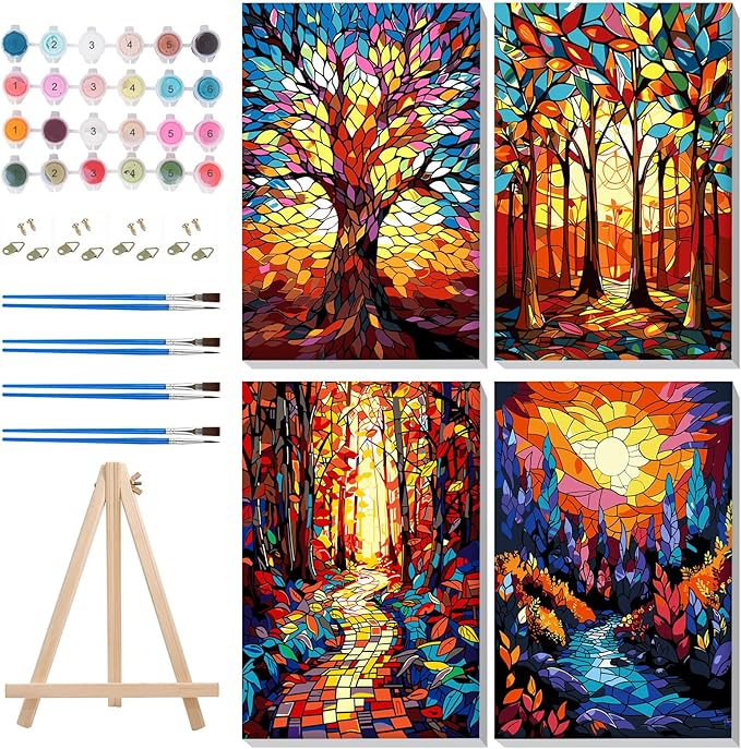 MISCER 4 Pack Paint by Numbers for Adults Beginner, Trees Paint by Number Kits with Easel, DIY Acrylic Oil Painting Suitable for Home Decoration (8 * 12 Inch)