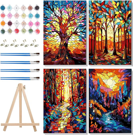 MISCER 4 Pack Paint by Numbers for Adults Beginner, Trees Paint by Number Kits with Easel, DIY Acrylic Oil Painting Suitable for Home Decoration (8 * 12 Inch)
