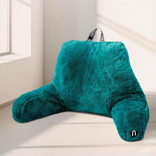 Nestl Fur Reading Pillow, Stylish Back Pillow for Bed Sitting Up, Faux Fur Bed Chair Pillow with Arms, Reading Pillows for Sitting in Bed Adult & Kids, Sit Up Back Support Pillow for Bed Rest - Teal
