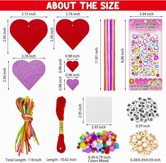 Valentines Day Crafts for Kids, 361PCS Valentines Heart DIY Crafts Felt for Class Game Activities, 108 Felt Hearts, 36 Wooden Beads, 60 Pom Poms, 50 Googly Eyes, Valentines Party Favor Crafts