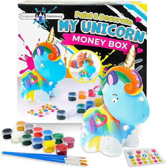 Original Stationery Paint and Decorate Your Own Unicorn Money Box, Kids Paint Set for Girls with 21 Gems, 12 Non Toxic Fun Colors and Lots More!