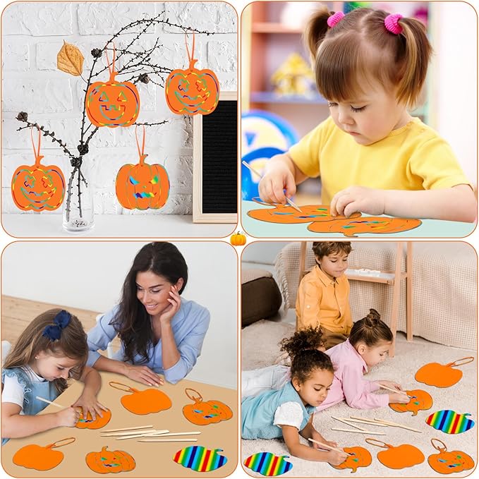 Liliful 60 Set Thanksgiving Scratch Crafts for Kids Colorful Pumpkin Scratch Crafts with 30 Wooden Scratch Tools Fall Scratch Art Pumpkin Hanging Art for Autumn Thanksgiving Craft Gifts