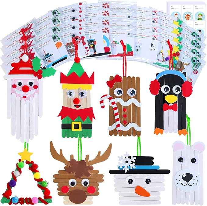 Winlyn 32 Sets Christmas Craft Kits Winter Crafts DIY Popsicle Stick Christmas Ornaments Decorations Art Sets Craft Sticks Christmas Foam Stickers for Kids Holiday Classroom Activities Party Favors