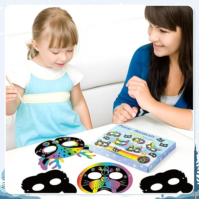 B1ykin 30Pcs Polar Animals Scratch Mask Gift Set, DIY Magic Winter Arctic Animal Scratch Masks Craft Kit for Kids, Color Paper Party Favors for Birthday School Classroom Art Activity Project