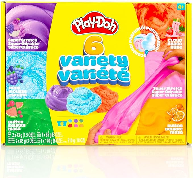 Play-Doh 6 Variety Compounds–Super Stretch, Play Foam, Butter, Cloud Dough for Kids, Sensory Dough, Kit, Gifts for Kids, Popular Kids Toys, Party Favors for Kids 8-12, Compound Packs