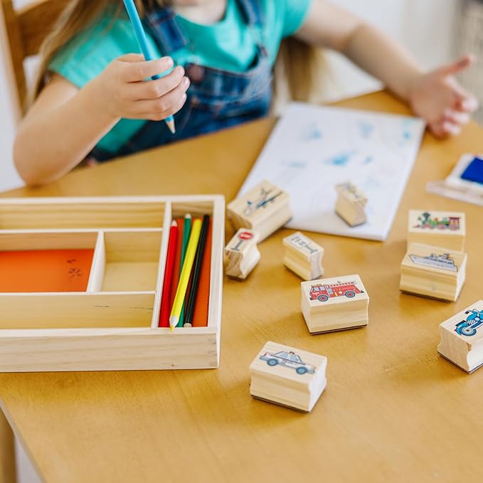 Melissa & Doug Wooden Stamp Set: Vehicles - 10 Stamps, 5 Colored Pencils, 2-Color Stamp Pad