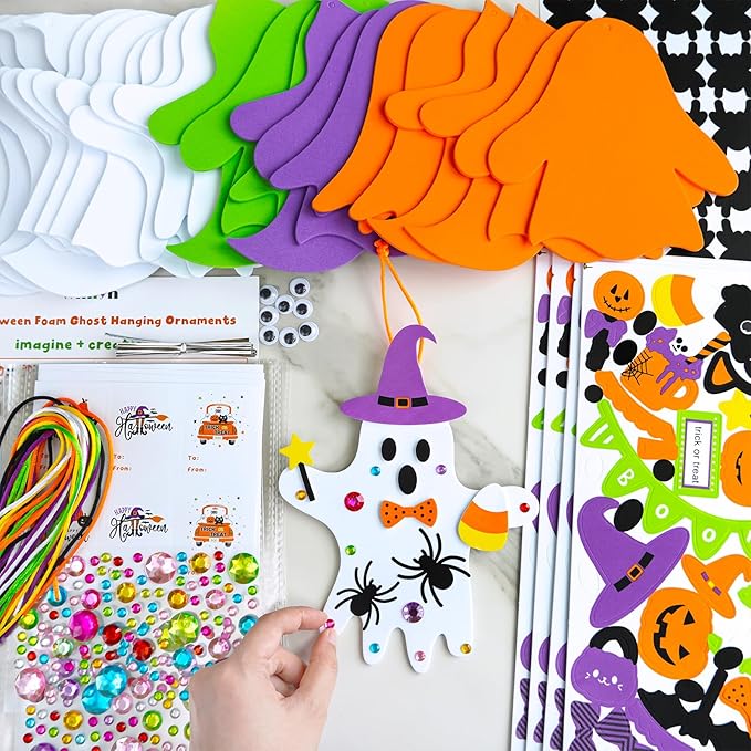 Winlyn 24 Sets Halloween Crafts Fall Crafts DIY Halloween Ghost Tree Ornaments Decorations Craft Kits Foam Ghost Stickers Fall Halloween Arts and Crafts for Kids Party Favors Classroom Art Activities