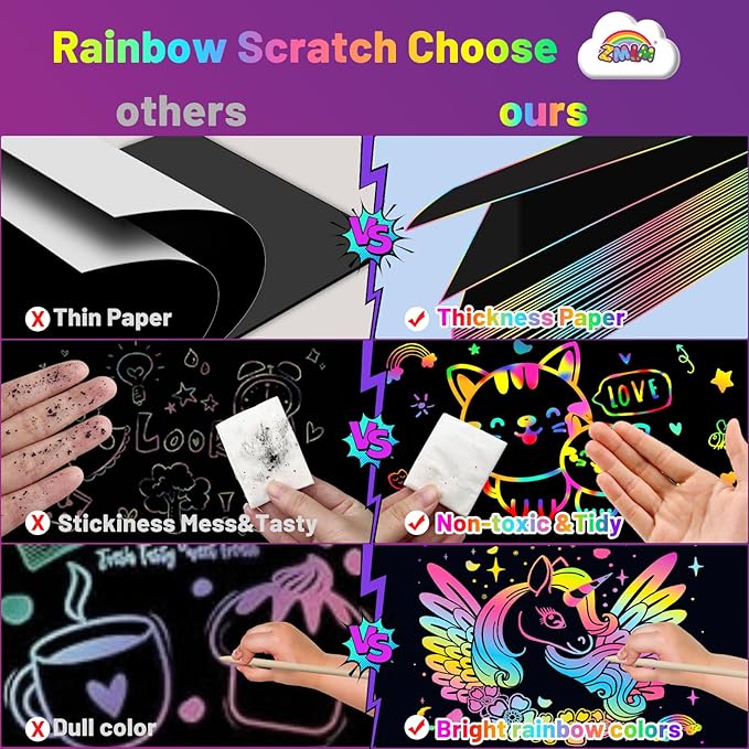 ZMLM Rainbow Scratch Paper Kit: 117Pcs Magic Art Craft Stuff Supplies Black Drawing Pad for Age 3-12 Kids Children Girl Boy DIY Toy Activity Educational|Party Faver|Christmas Birthday Gifts