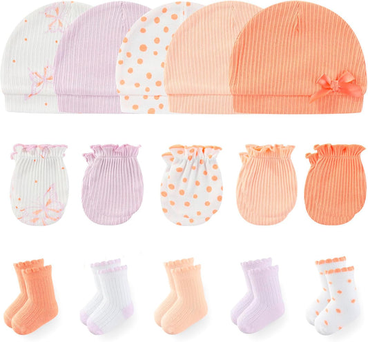 Newborn Baby Boy Girl Caps Mittens Socks Set Cotton Baby Essentials Accessories (Hats+Gloves+Socks)