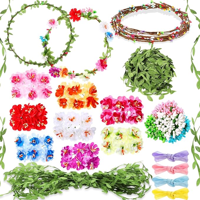 Syhood Mini Plum Blossom Crowns Making Kit, 120 Pcs Parts, Make Your Own Flower Crown Wreath Headbands and Bracelets Craft Kit Hair Accessories Handmade DIY Floral Crown Garland Kit Presents