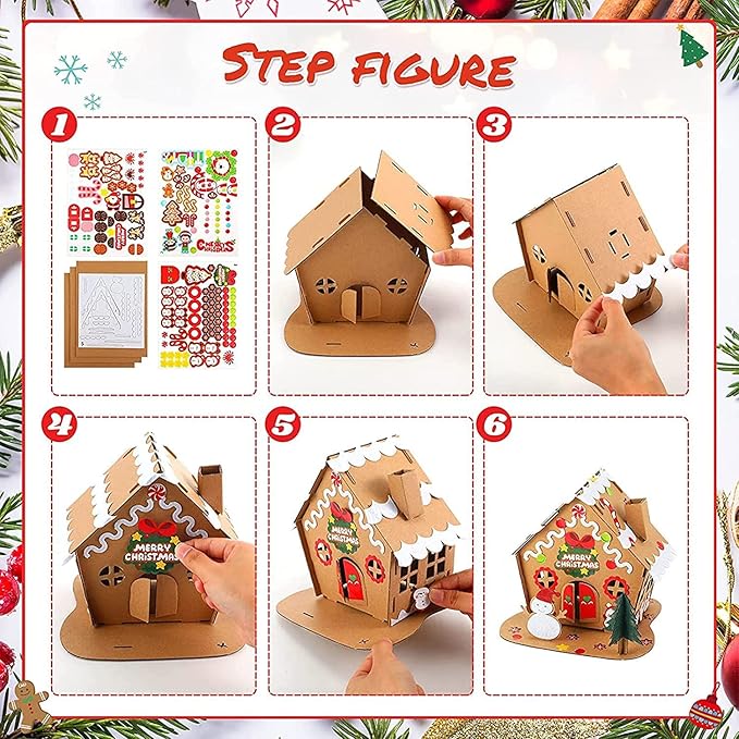 Sumind 3 Sets Christmas Gingerbread House Kit Small Xmas DIY Craft Kit Mini Christmas Cardboard Make-a-Gingerbread House Craft for Christmas Party Craft Holiday Supplies Decor(Classic Style)