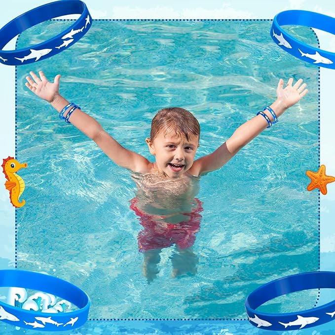 meekoo 48 Pcs Shark Party Favors Rubber Wristbands Bracelet, Under The Sea, Shark Birthday Party Favors Supplies Gift Decorations (Vivid)