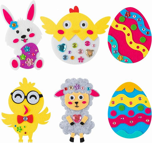 MALLMALL6 12Pcs Easter Fridge Magnet Craft Kit Easter Eggs Bunnies Chicks Lamb Eggshell Chicken Active Eyes Felt Set Diamond Stickers Fun Home Activities Springtime DIY Art Project for Kids
