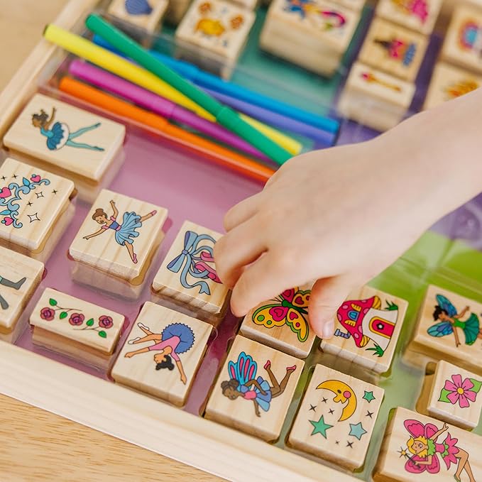 Melissa & Doug Deluxe Wooden Stamp and Coloring Set – Fairy Tale (30 Stamps, 6 Markers, 2 Durable 2-Color Pads) - Fairy Tale-Themed Stamps For Kids Activity Set