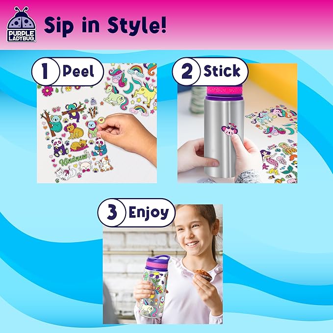Purple Ladybug Decorate Your Own Water Bottle for Girls - Includes Trendy Stickers, Easter Gift for Ages 5-8, Birthday or Valentines Gift, Great for Little Girls