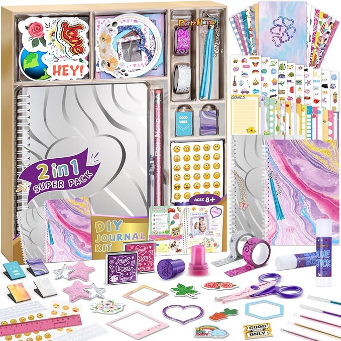 PERRYHOME 2-Pack DIY Journal Kit for Girls - 200+Pcs Journal Set for Teen & Tween Girls, Journaling Art & Crafts Kits,Scrapbook&Diary Supplies Set, Christmas Gifts for 8 9 10 11 12 13 14 Year Old Girl