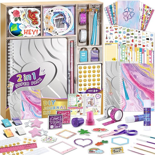 PERRYHOME 2-Pack DIY Journal Kit for Girls - 200+Pcs Journal Set for Teen & Tween Girls, Journaling Art & Crafts Kits,Scrapbook&Diary Supplies Set, Christmas Gifts for 8 9 10 11 12 13 14 Year Old Girl