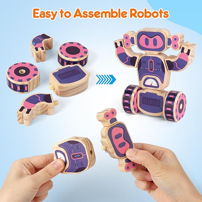 Mocoosy 4 Wooden Robot Toys for Kids Ages 3-5, Building & Painting Your Own Robot Craft Kit with Paints and Stickers, Wood Robot Painting Art Supplies Educational Gift for 6 8 10 12 Years Old
