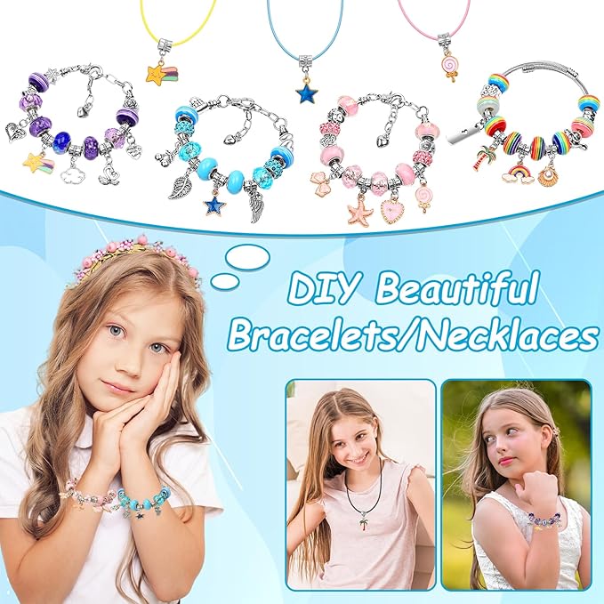 Charm Bracelet Making Kit for Girls, Kids Charm Bracelet Making Kit with Jewelry Gift Box for Girls Sister, Necklace Arts Crafts Teen Girl Personalized Gifts for Birthday Holiday Valentines
