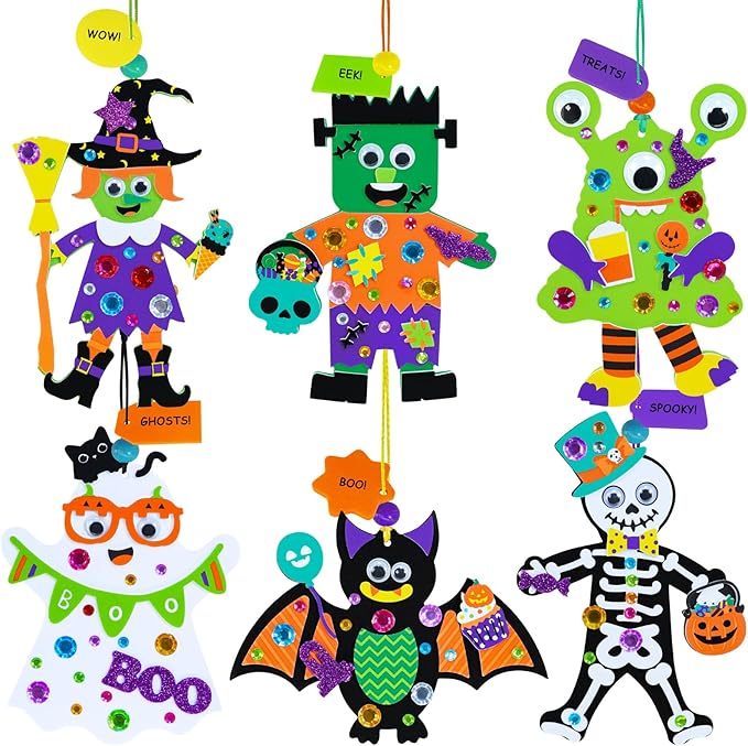 Winlyn 24 Sets Halloween Craft Kits Individual Fall Crafts DIY Bat Ghost Monster Witch Skeleton Frankenstein Ornaments Foam Halloween Arts and Crafts for Kids Holiday Classroom Activities Party Favors