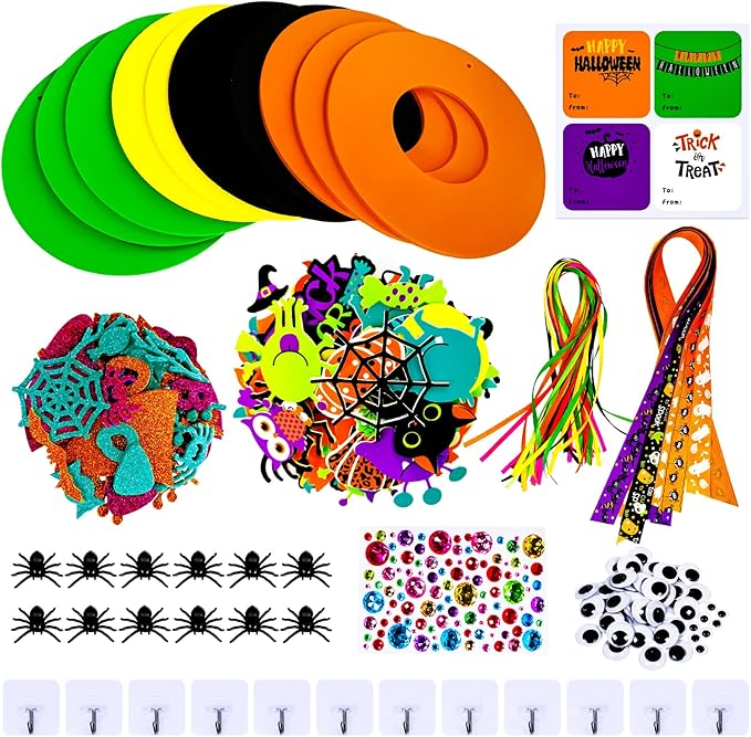 Winlyn 12 Sets Halloween Craft Kits Fall Crafts DIY Halloween Wreath Decorations Art Sets Pumpkin Monster Candy Corn Spider Bat Arts and Crafts Halloween Foam Stickers for Kids Classroom Activities