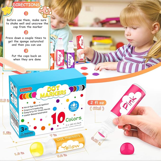 Easter Basket Stuffers, Soucolor Washable Dot Markers Easter Gifts for Toddlers Kids Preschool, 10 Colors 2 oz Bingo Daubers Paint Markers Set with 48 Pages Tearable Activity Book for Toddler Art Kits