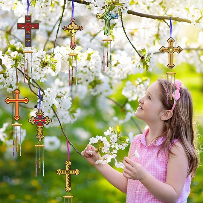 Fennoral 9 Pack Cross Wind Chime Kit for Kids Make You Own Easter Cross Wind Chimes DIY Wooden Crafts to Paint for Art Activities Easter Decoration Birthday Gift