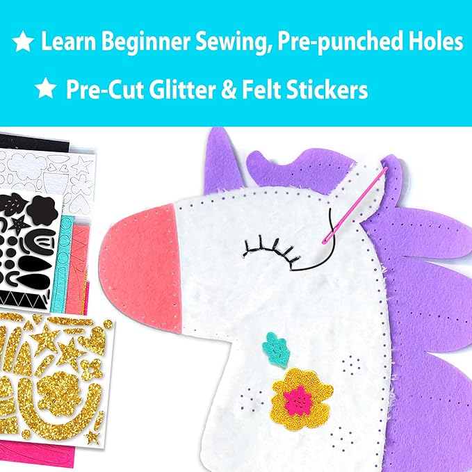 KRAFUN My First Unicorn Kids Sewing kit, Beginner Arts & Crafts, Make 5 Cute Projects with Plush Stuffed Animal, Pillow, Mobile, Keyring and Bag, Instructions & Felt for Learn Sewing, Embroidery