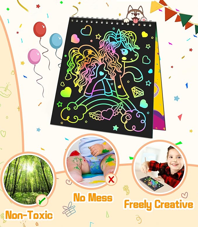 pigipigi Scratch Paper Party Favor: 16 Pack Rainbow Scratch Notebook for Kid Art Craft Supplies Age 3-12 Boys Girls Coloring Book Birthday Christmas Easter Toy Gift Activity Drawing Kit