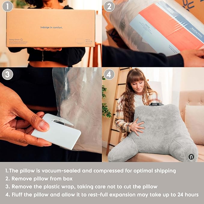 Nestl Fur Reading Pillow, Stylish Back Pillow for Bed Sitting Up, Faux Fur Bed Chair Pillow with Arms, Reading Pillows for Sitting in Bed Adult & Kids, Back Support Pillow for Bed Rest - Light Grey