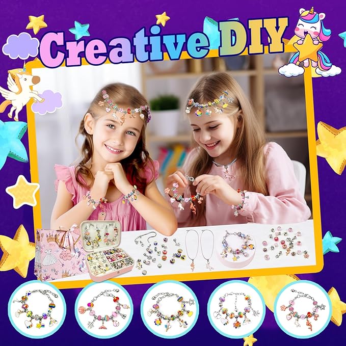 Charm Bracelet Making Kit for Girls 8-12, DIY Bead Jewelry Making Kit with Box, Arts and Crafts for Kids 6-8 Gifts for Girl Toys Age 6 7 8 9 10 11 12 Festival Birthday