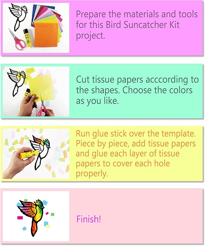 VHALE Suncatchers Craft 3 Sets (9 Cutouts) w Tissue Papers Stained Glass Effect Paper Sun Catcher Kit, Window Art, Classroom Crafts, Creative Art Projects, Kids Party Favors (Bird)