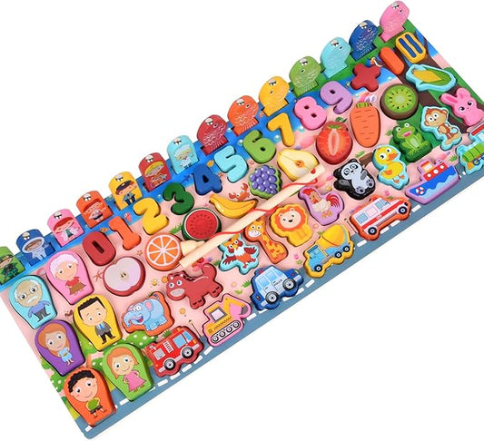 Wooden alphanumeric Shapes Jigsaw Ring Count Classification Toys Math Shapes Building Blocks Toddler Learning Playboard Math Fishing Educational Toys Montessori Educational Toys (color2)