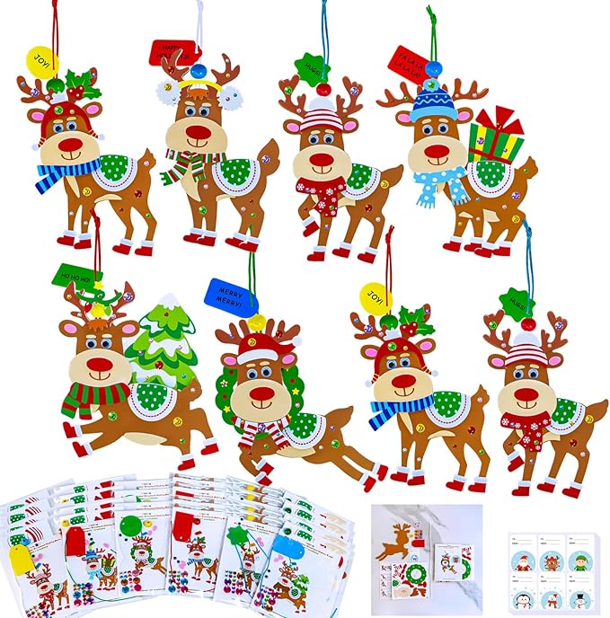 Winlyn 24 Sets Christmas Craft Kits Winter Crafts DIY Xmas Reindeer Ornaments Decorations Festive Foam Stickers Christmas Arts and Crafts for Kids Holiday Home Classroom Art Activities Party Favors