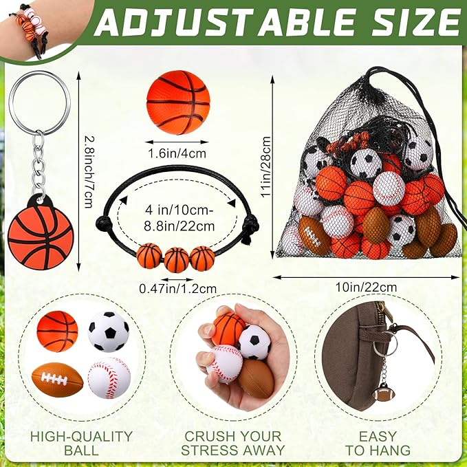 Nosiny 108 Pcs Sportball Party Favors Bulk 36 Pcs Sport Keychain Gifts 36 Pcs Sportball Stress Balls 36 Pcs Sportball Charm Bracelets for Team Birthday Party Supplies