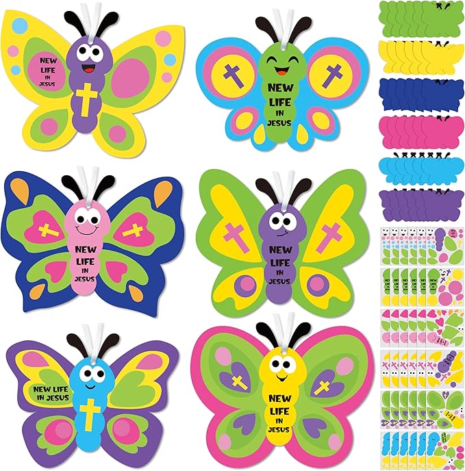 WATINC 74pcs Religious Easter Butterfly Craft Kit for kids, New Life in Jesus Craft Decoration, Resurrection Spring Butterflies DIY Sticker Hanging Ornaments with String for Home School Party Supplies