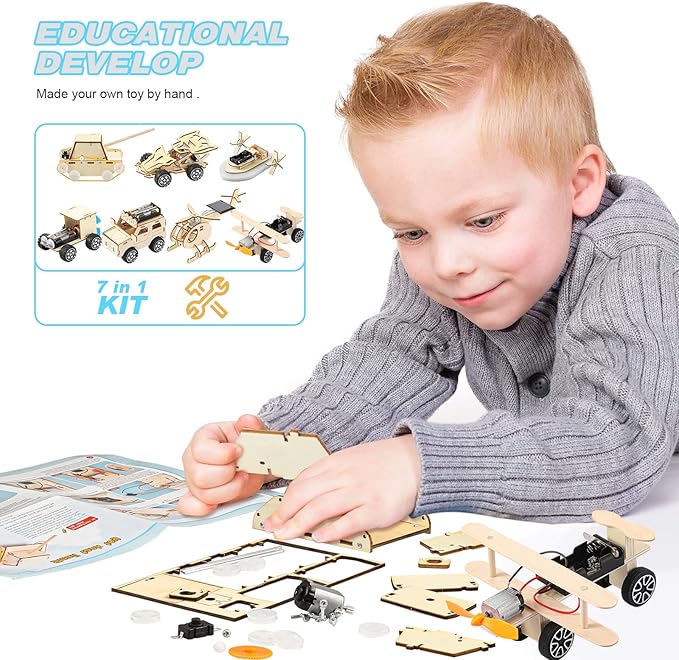Chivao 7 in 1 Stem Kit Wood Projects for Kids to Build 3D Wooden Stem Building Kit Puzzles Mechanical Car Educational Science Models Building Toys for Kids 8 9 10 11 12 Year Old