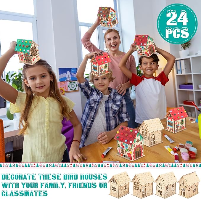 DoubleFill 24 Pcs Wood Gingerbread House Craft Kit for Kids DIY Wooden Christmas Birdhouse Craft Kits Holiday Village Houses Make a Gingerbread Wooden House for Xmas Party Game Craft Supplies