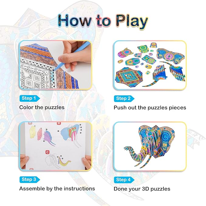 Hautton 3D Coloring Puzzle, Creative DIY Painting Puzzle Set Toy with 10 Coloring Pens, Fun Arts Crafts Gift for Kids Age 3 4 5 6 7 8 9 10 11 12 -Elephant