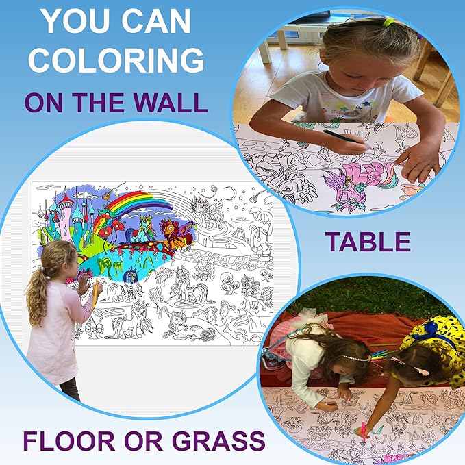 Set of 2 Giant Coloring Posters for Kids with Markers - Unicorn & Mermaid Coloring Poster - Wall Poster Coloring Sheet - Extra Large Coloring Pages for Girls - Jumbo Coloring Huge Big Poster Size