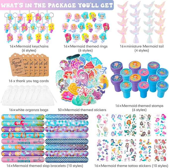 Hungdao 178 Pcs Mermaid Birthday Party Favors for 16 Kids with Keychain Sticker Stamp Ring Slap Bracelet Tattoo Sticker Gift Bag Tag For Summer Swimming pool Beach Party Carnival