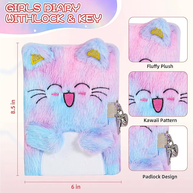 LiYiQ Plush Cat Diary Gift for Girls Kids Travel Journal Secret Diary with Scrapbook Paper Stickers Journal Stencils Pompom Pen and Washi Tape Practical Set Gift for Birthday Christma