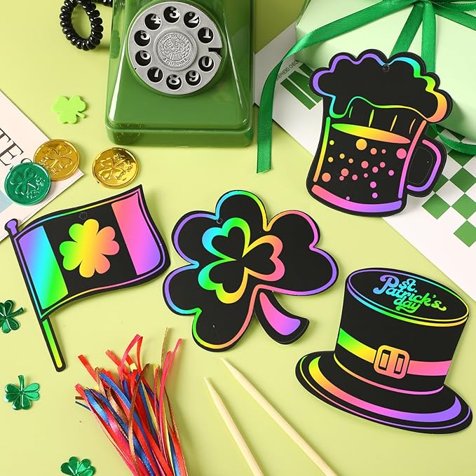 JULMELON 36 PCS St Patricks Day Scratch Art for Kids, St. Patrick’s Day Crafts for Kids Rainbow Color Magic Scratch Paper Cards Shamrock Hanging Ornaments DIY Crafts Decorations Party Favors