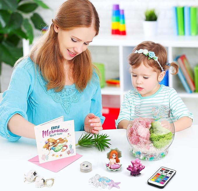 DIY Light-Up Mermaid Terrarium Kit for Kids, 3 Light Modes Mermaid Toys & Activities Kits Presents, Arts & Crafts Mermaid Gifts for Girls Age 4 5 6 7 8-12 Years Old, Birthday Gift, Bedroom Decor