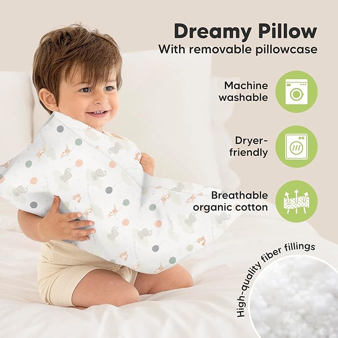 Toddler Pillow with Pillowcase - 13x18 My Little Dreamy Pillow, Organic Cotton Toddler Pillows for Sleeping, Kids Pillow, Travel Pillows, Mini Pillow, Nursery Pillow, Toddler Bed Pillow (Escapade)