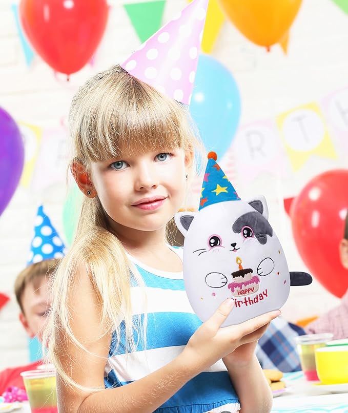 Birthday Stuff Cat Plush Gift - Adorable Blue White Cat Stuffed Doll, Cute Birthday Hat and Cake, Soft Huggable for Kids' Gifts, Cute Decor, 8 Inch